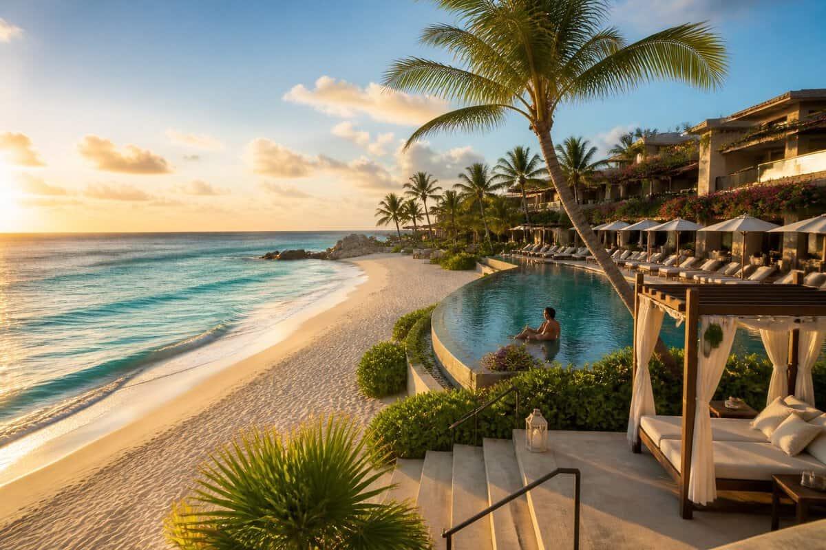 Adults relax at a luxurious tropical beachfront resort beside an infinity pool and turquoise sea.