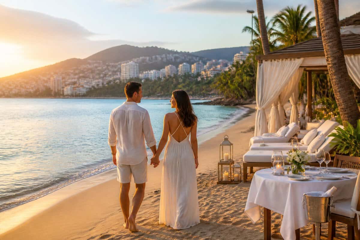 A couple walks hand in hand along a tropical Acapulco beach near a romantic resort at sunset.