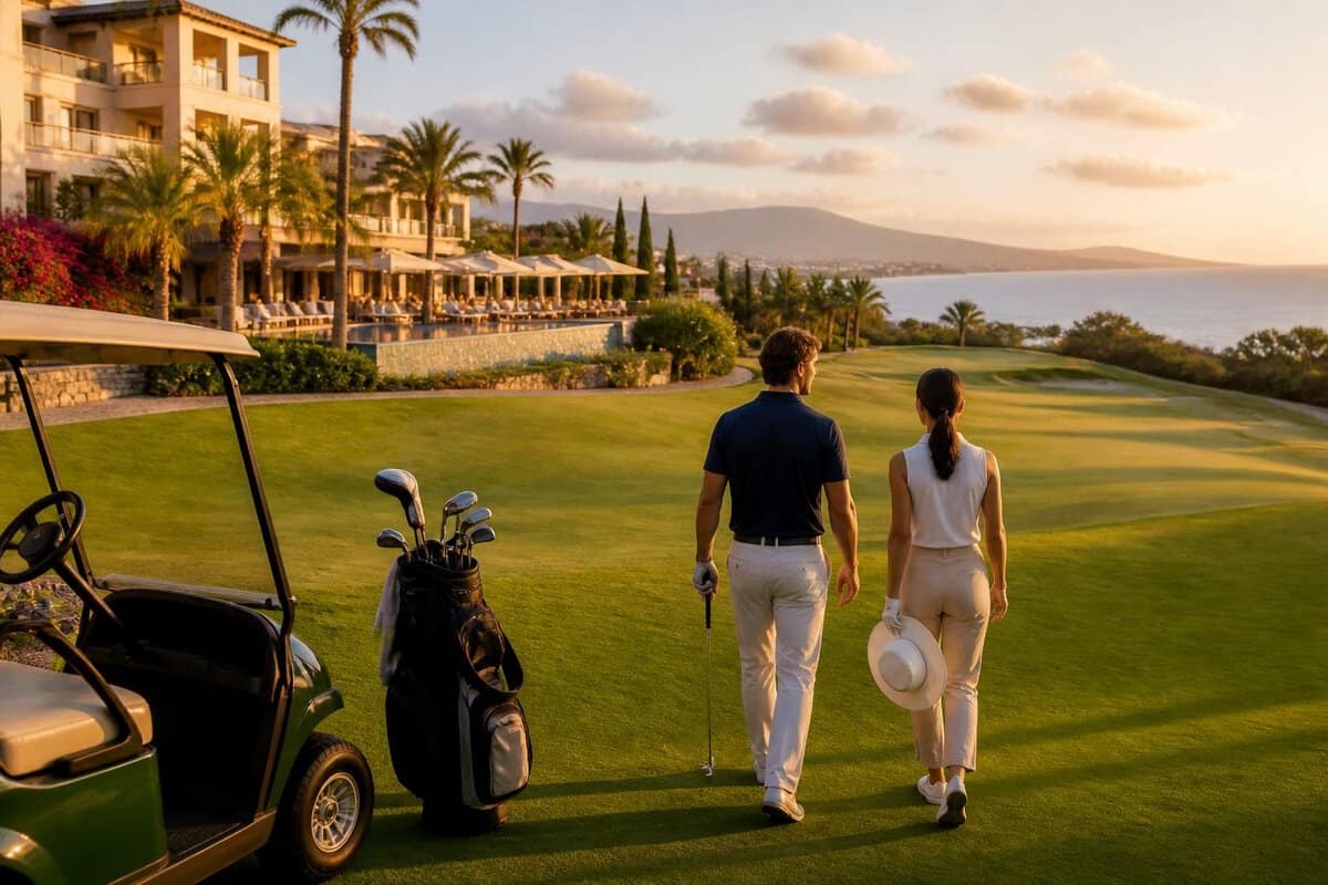 Adult travelers walk beside a lush golf course at a luxurious coastal all-inclusive resort.
