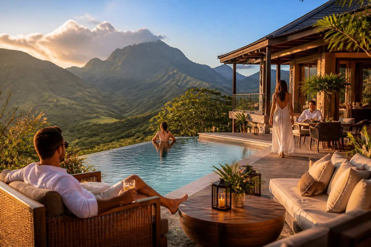 Adults relaxing at a luxury mountain resort beside an infinity pool overlooking a green valley.