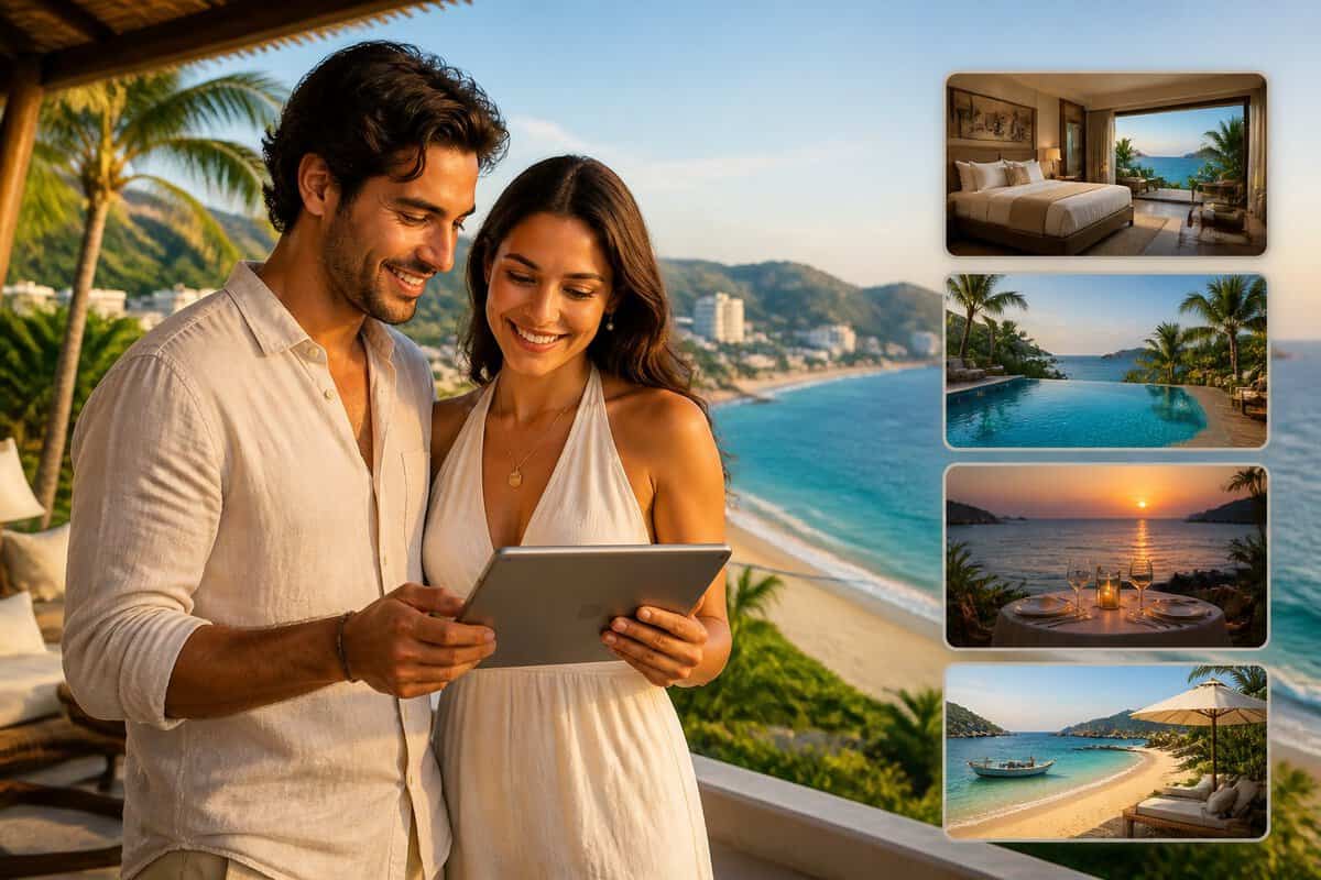 A newlywed couple compares honeymoon options on a resort terrace overlooking Acapulco Bay.