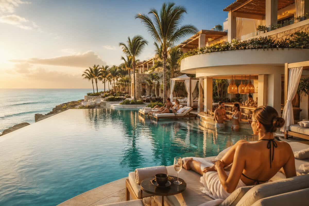 Adults relaxing at a luxurious all-inclusive resort beside an infinity pool overlooking a tropical ocean.