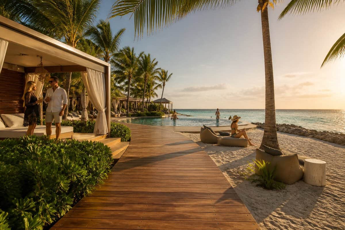 A luxurious tropical resort with private cabanas, palm trees, an infinity pool, and turquoise ocean water.