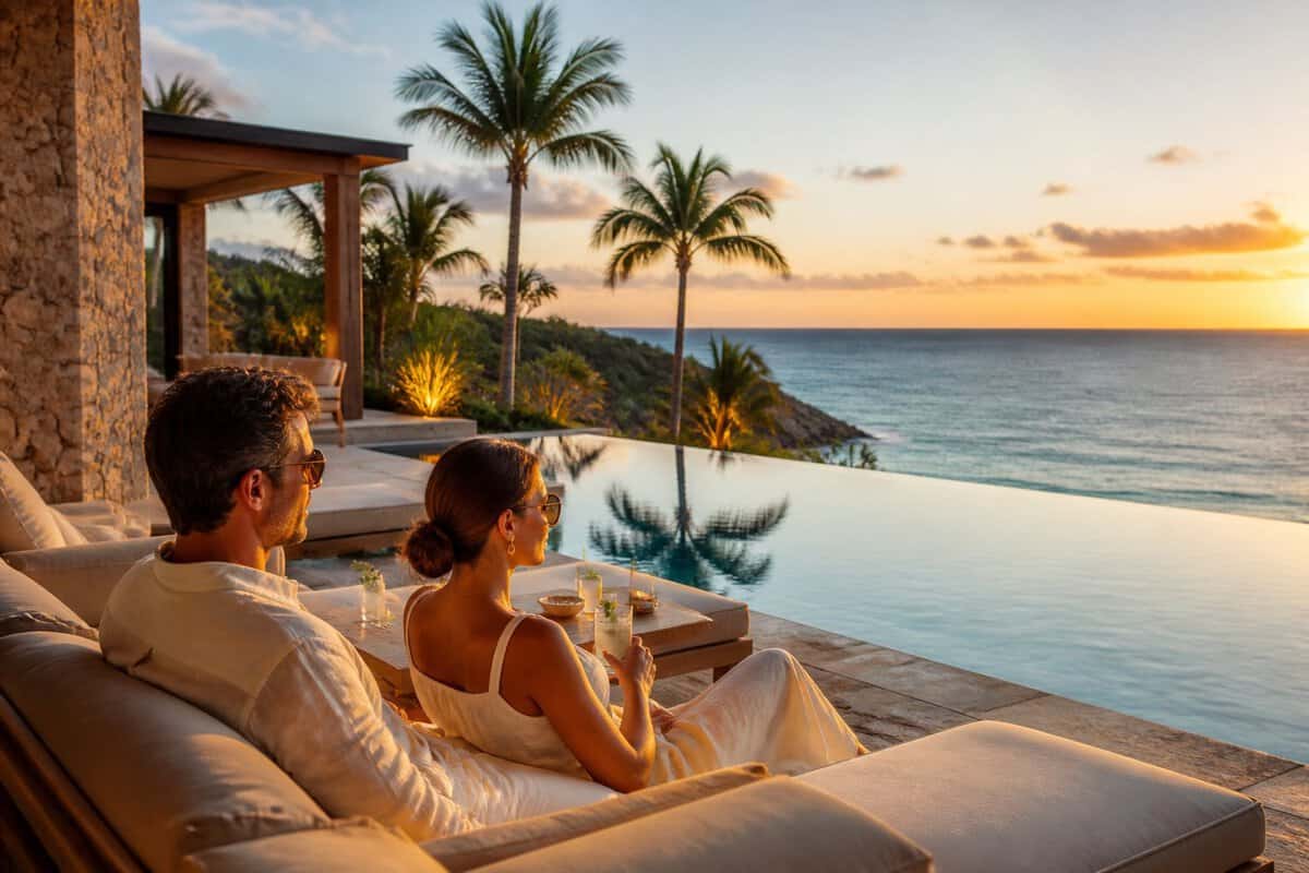 A couple relaxes beside an infinity pool overlooking a tropical ocean at a luxurious adults-only resort.