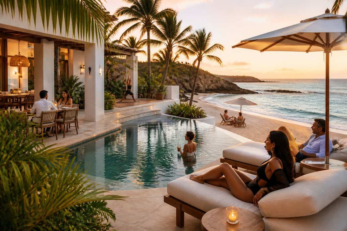 Adults relaxing at a luxurious tropical beachfront resort with an infinity pool, lounge areas, and ocean views.