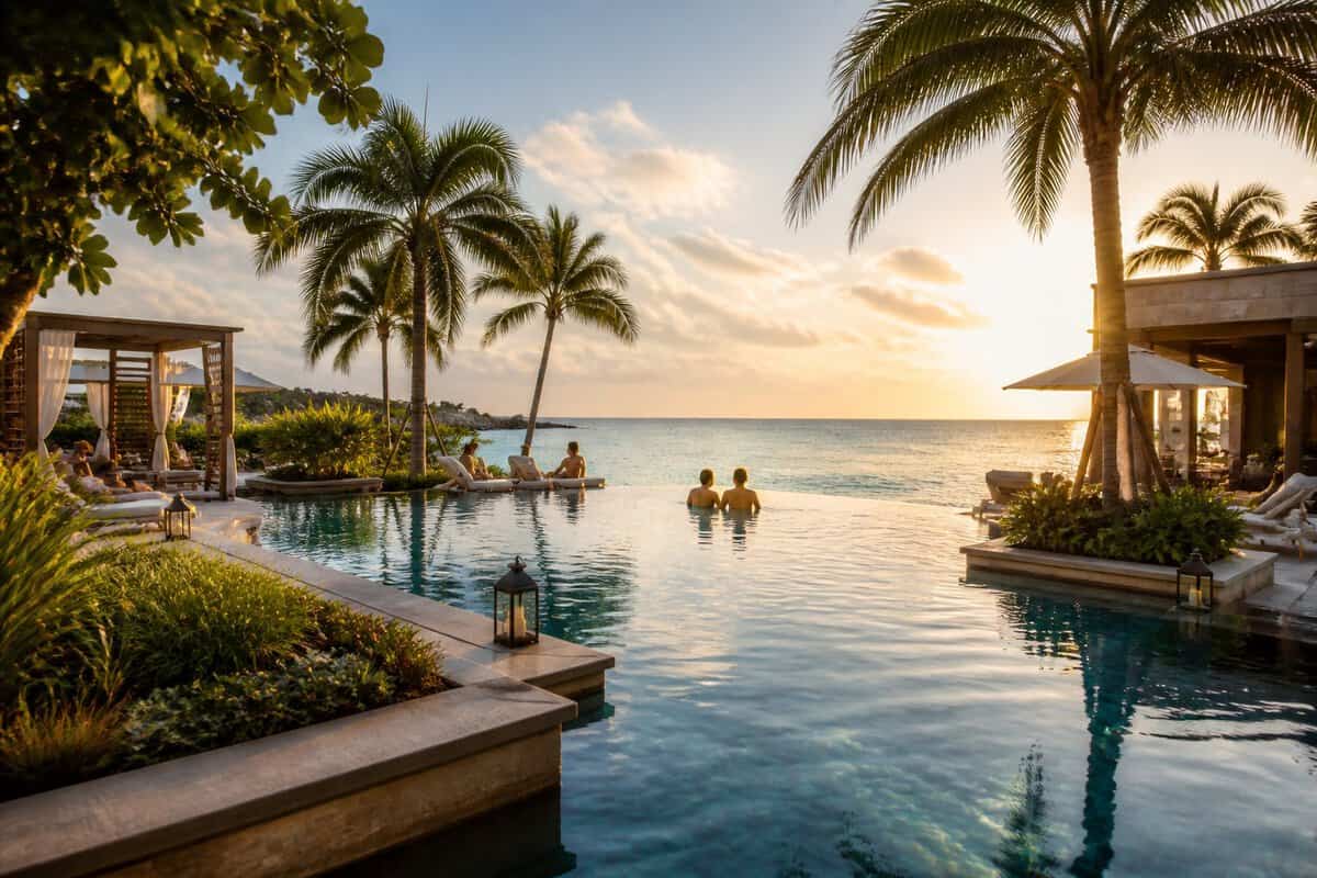 Adults relaxing beside an infinity pool at a tropical beachfront resort.