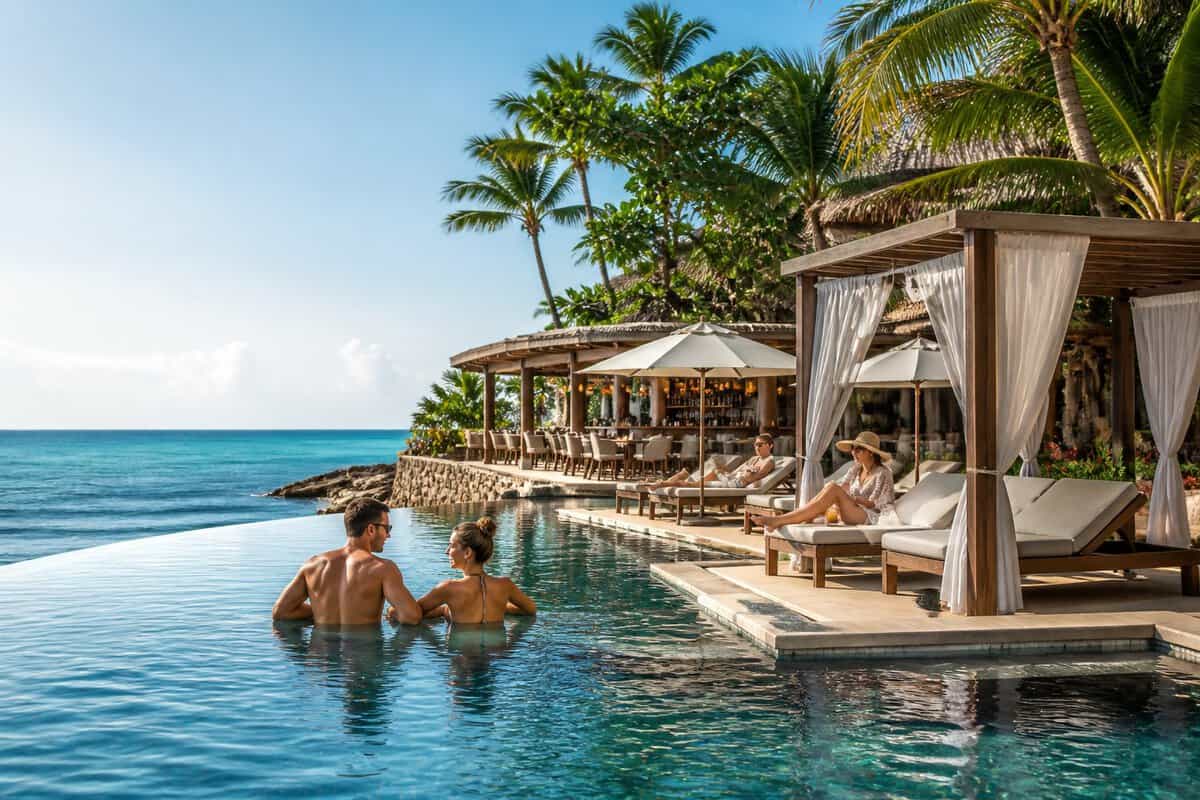 Adults relaxing beside an infinity pool at a luxurious tropical resort overlooking the ocean.