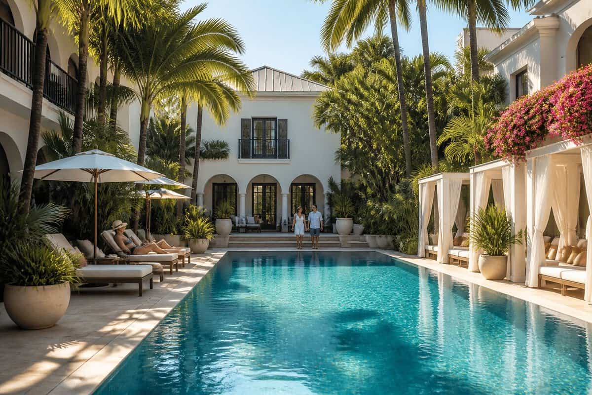 A luxurious adults-only boutique resort courtyard in Key West with a turquoise pool, tropical landscaping, and guests relaxing in the sunshine.