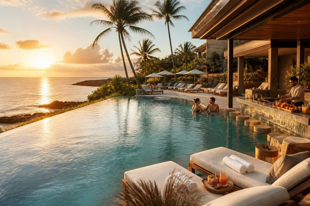 Adults relaxing beside an infinity pool at a luxurious tropical resort overlooking the ocean.