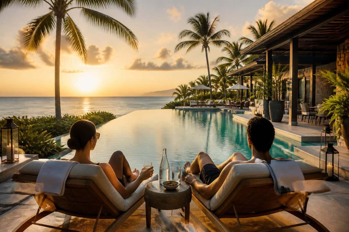 Two adults relax beside an infinity pool at a luxurious tropical beachfront resort.