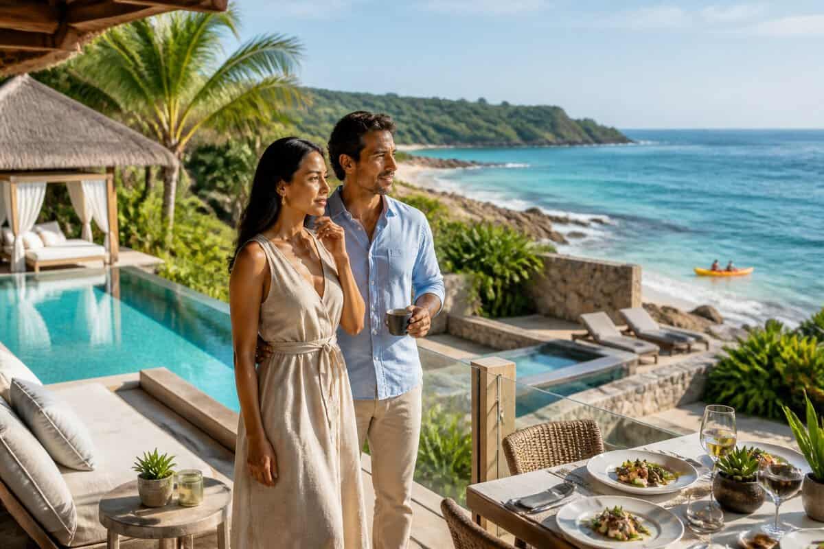 An adult couple considers different luxury resort experiences beside a tropical infinity pool, with dining, wellness, and ocean activities nearby.