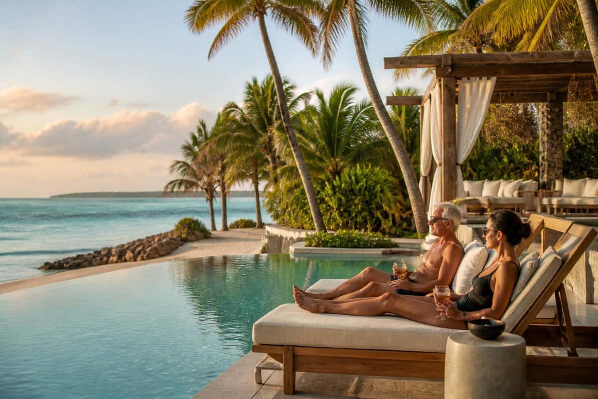 Adults relaxing beside an upscale beachfront resort pool in the Florida Keys.