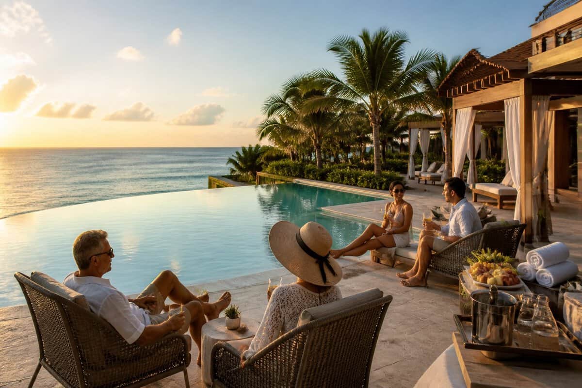 Adults relax beside an infinity pool at a luxurious tropical resort overlooking the ocean.