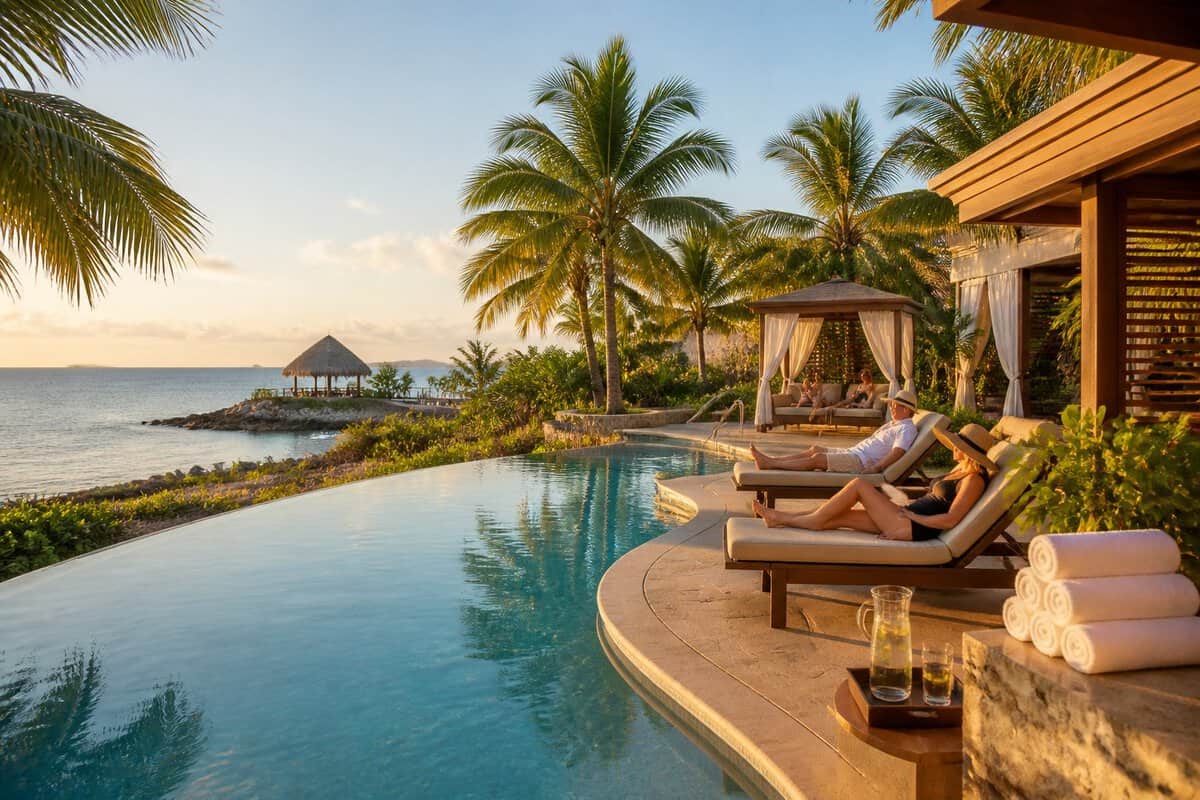 Adults relaxing beside an elegant tropical resort pool overlooking turquoise water.