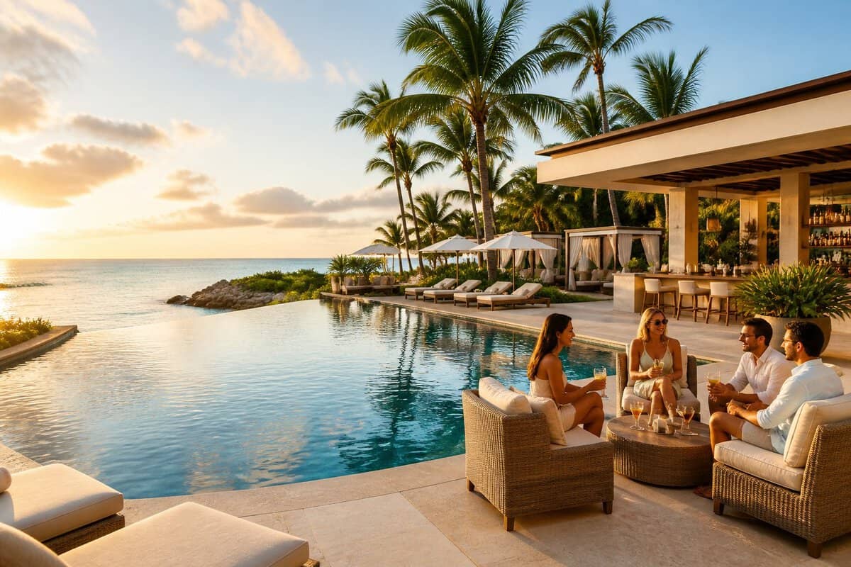 Adults relaxing beside an infinity pool at a luxurious tropical beachfront resort.