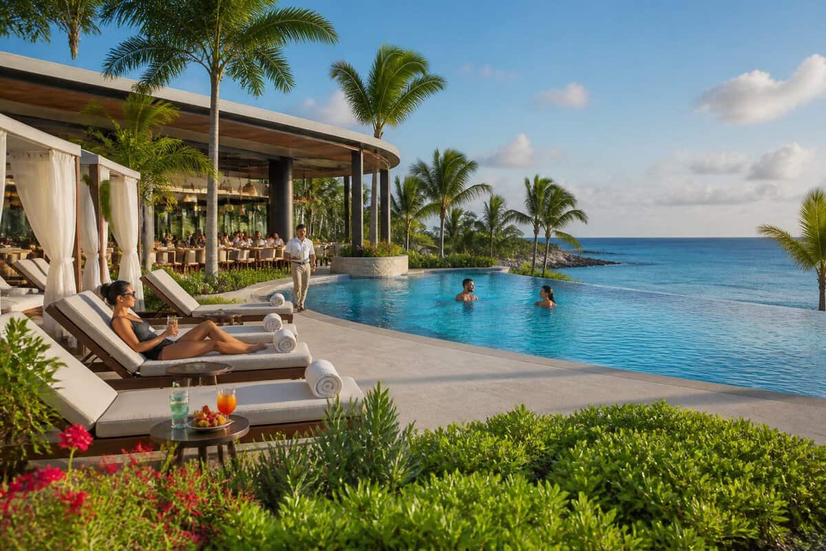 Adults relaxing at a luxurious adults-only tropical resort with an infinity pool, ocean views, cabanas, and lush gardens.