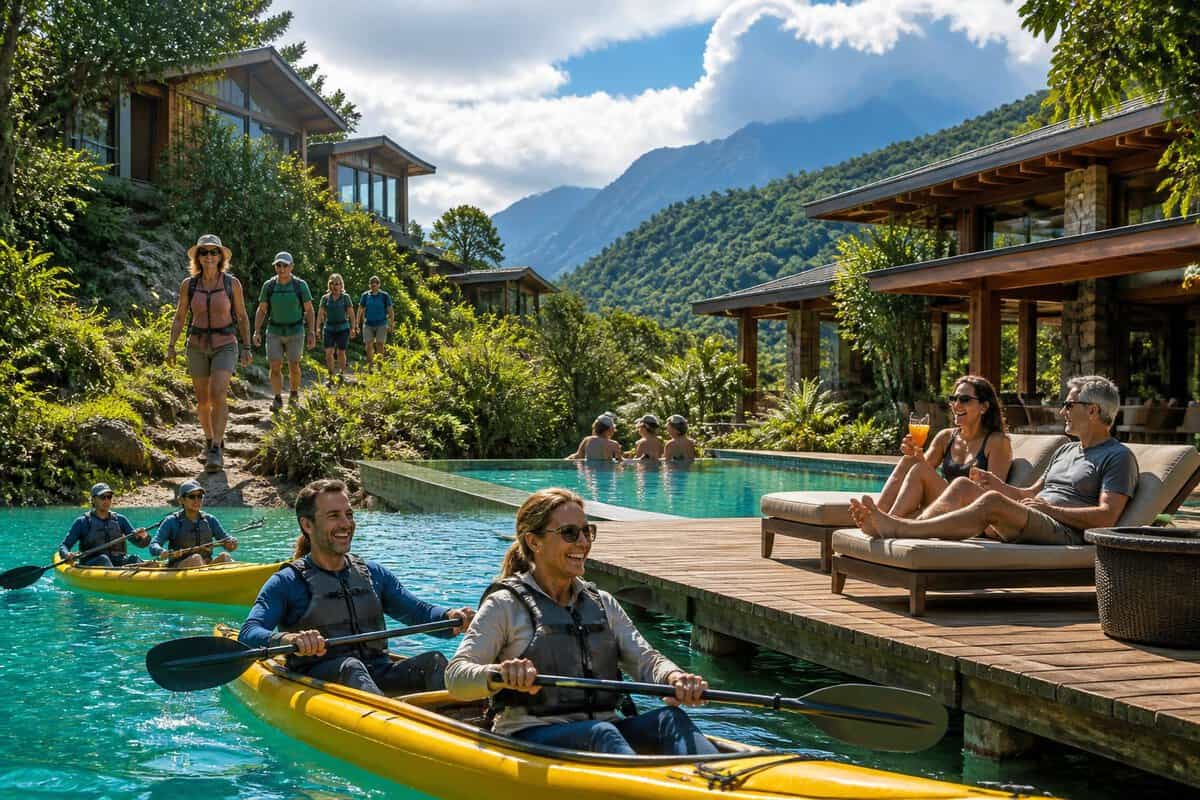 Adults enjoying hiking, kayaking, and relaxing at a luxury adventure resort surrounded by mountains and tropical greenery.