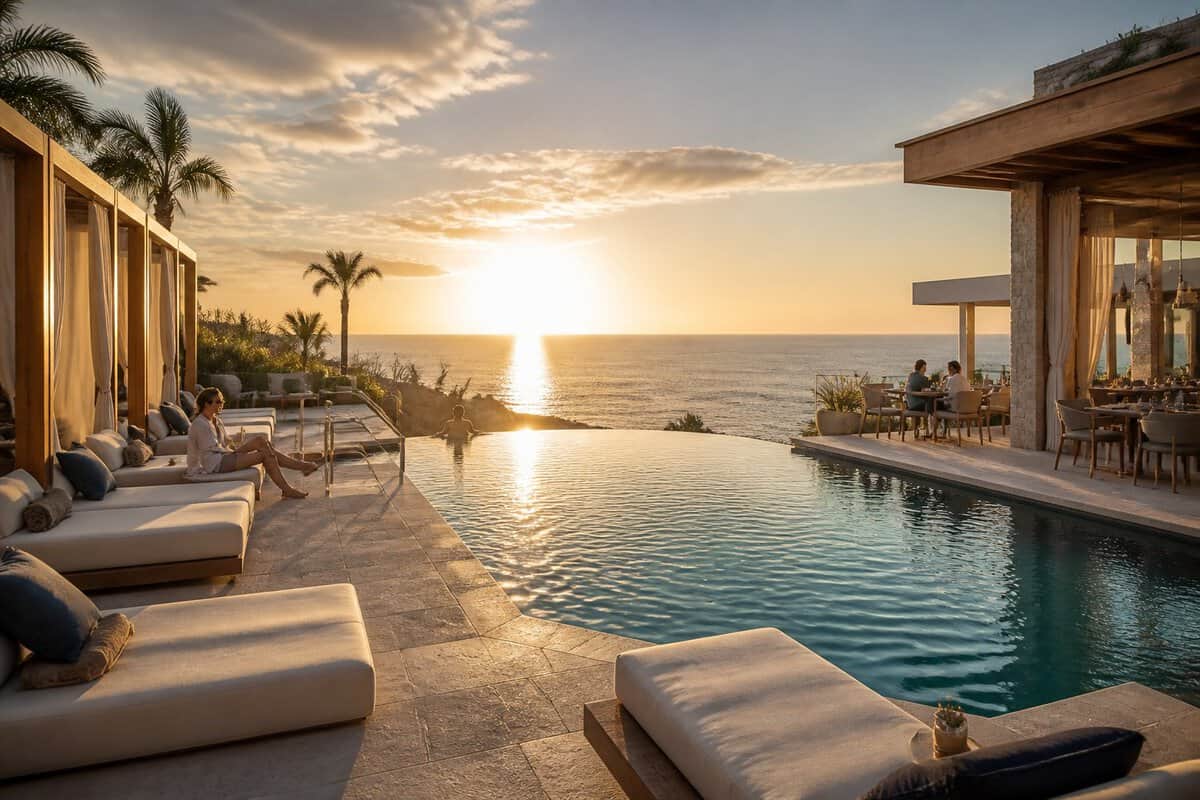 Adults relax beside an infinity pool at a luxurious oceanfront resort surrounded by tropical landscaping.