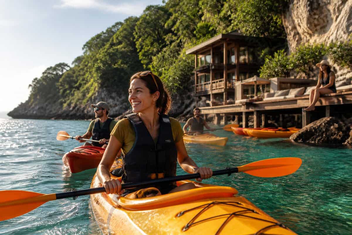 Adults kayaking near a secluded upscale resort surrounded by tropical cliffs and clear water.