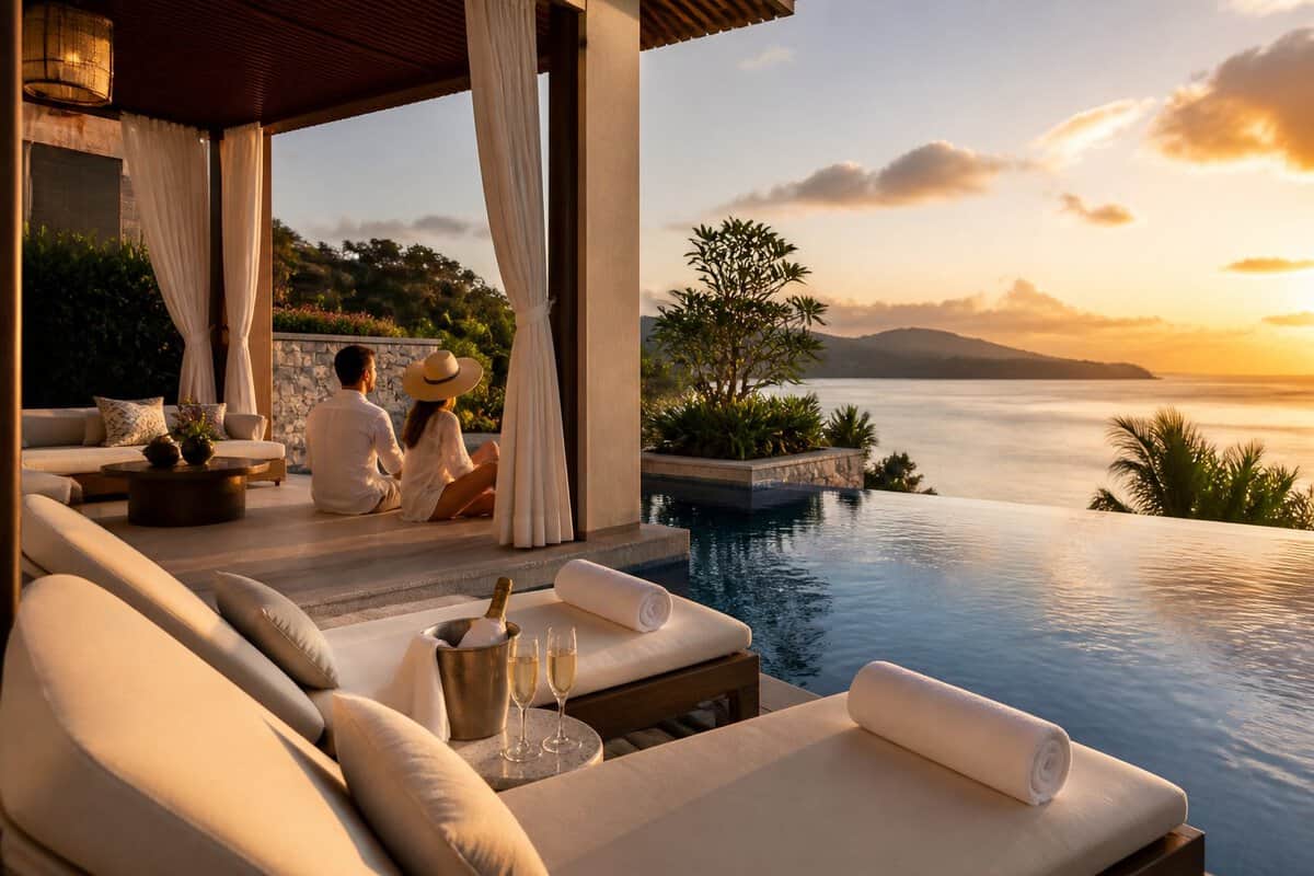 Two adults relax beside an infinity pool at a luxurious tropical resort overlooking the ocean.