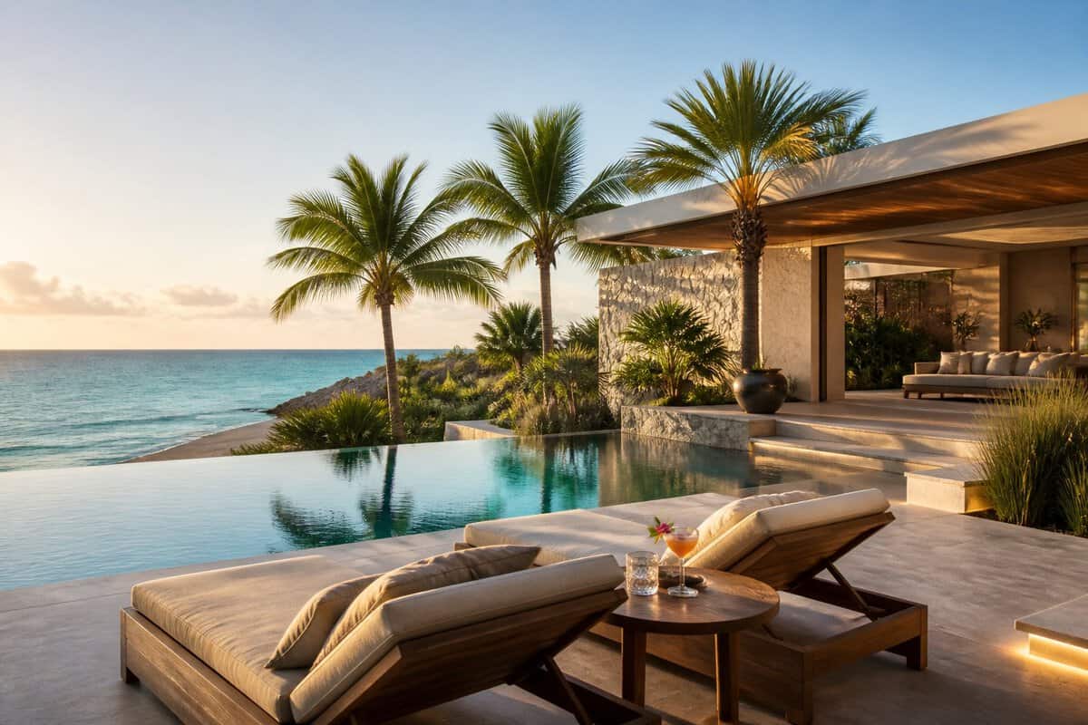 A secluded luxury resort terrace with an infinity pool overlooking a tropical ocean.