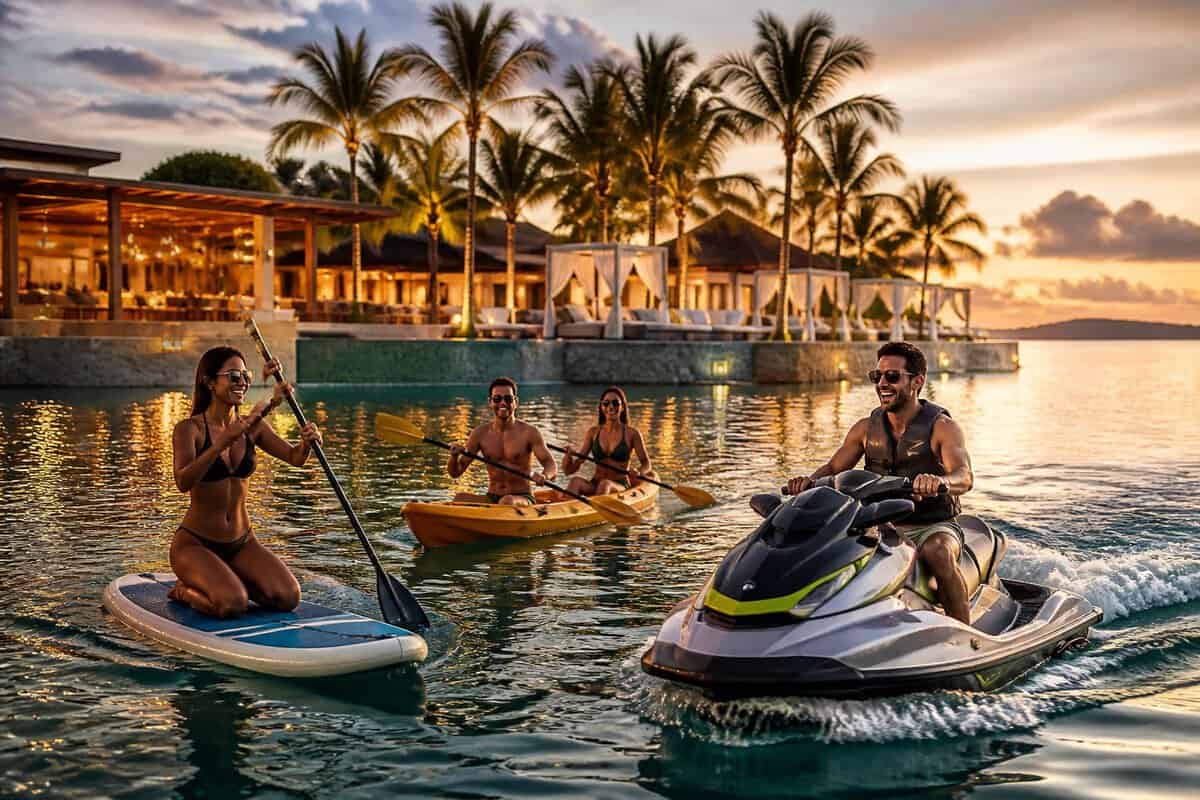 Adults enjoying water sports beside a luxurious tropical beach resort at sunset.