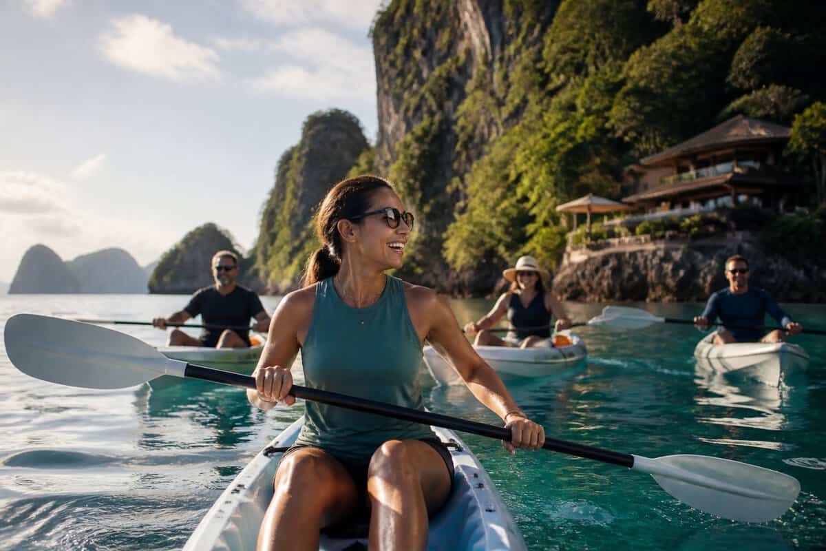 Adults enjoying a wellness adventure on clear tropical water near a secluded resort.