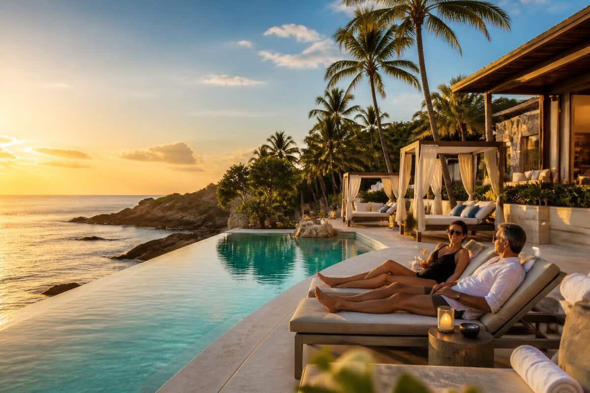 Adults relaxing beside an infinity pool at a luxurious tropical beachfront resort.
