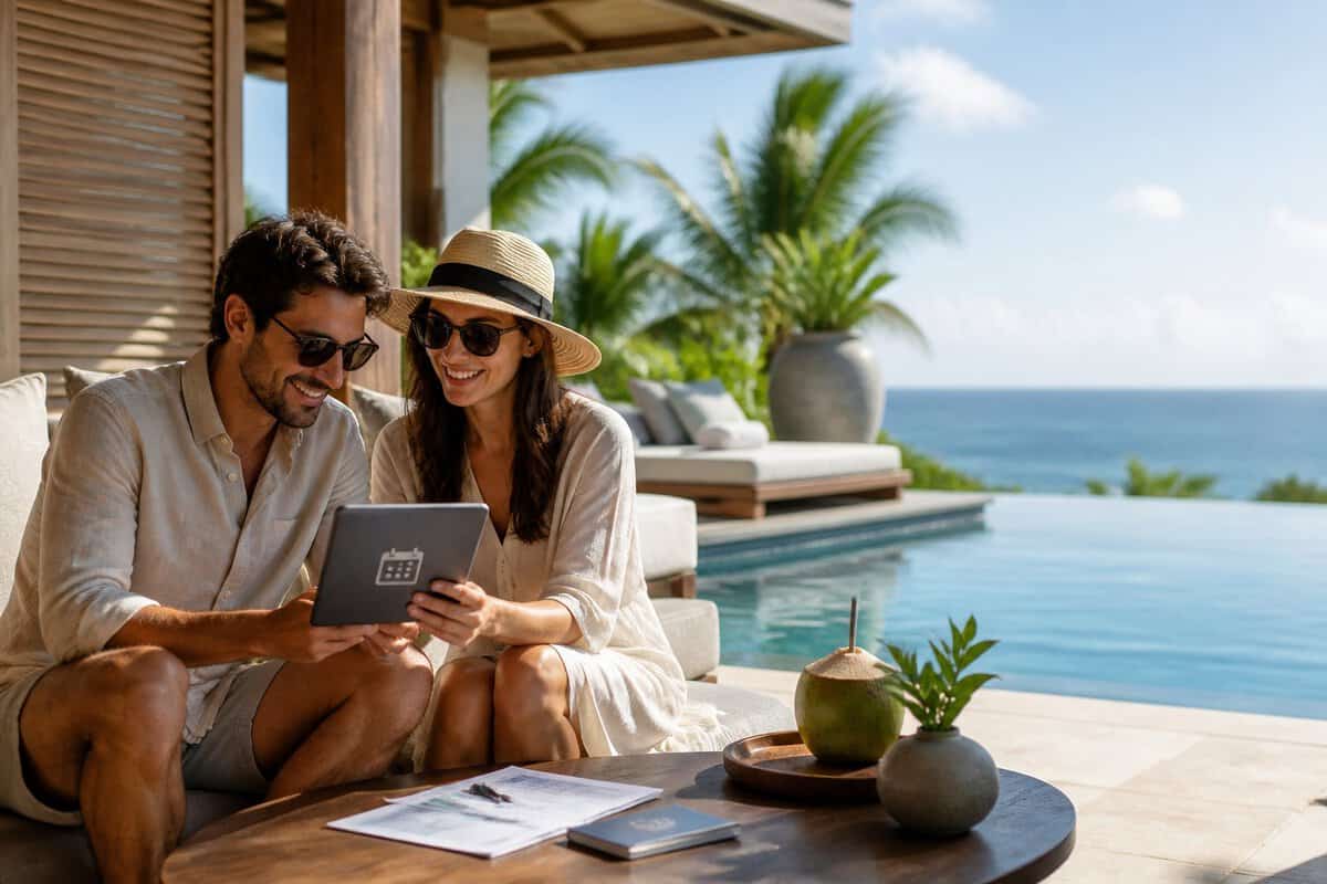 A couple reviews resort booking information on a tablet beside a luxurious tropical infinity pool.
