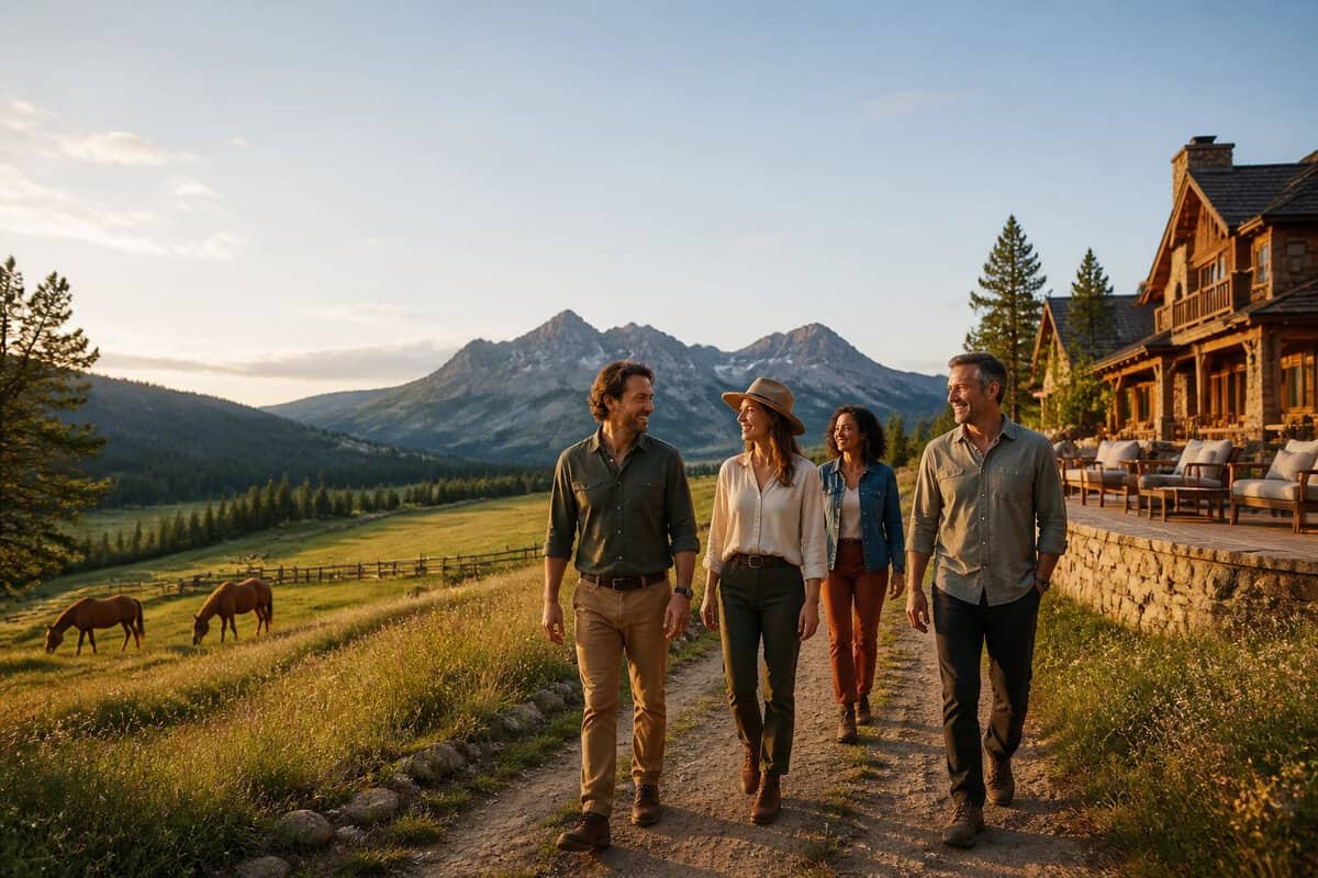 Adults enjoying an upscale adventure at a mountain ranch surrounded by horses, countryside, and rugged peaks.