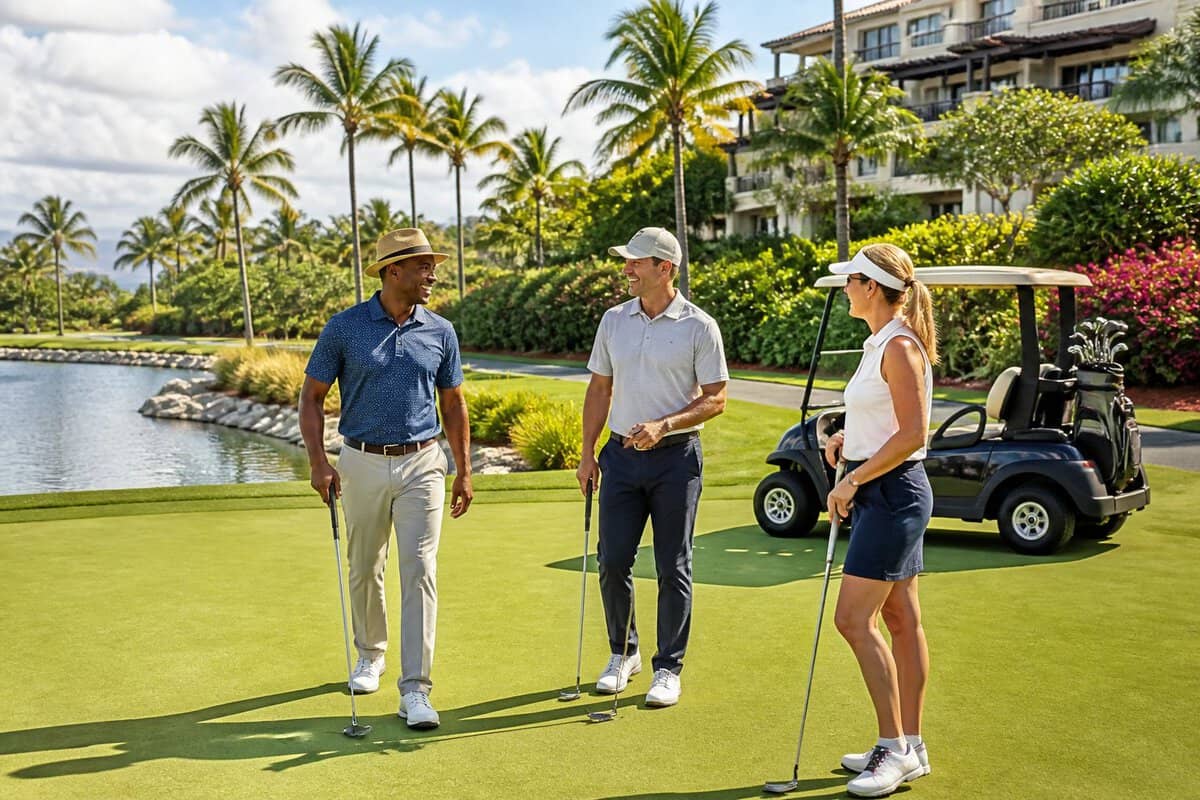Adult golfers enjoying a round on a tropical resort golf course.