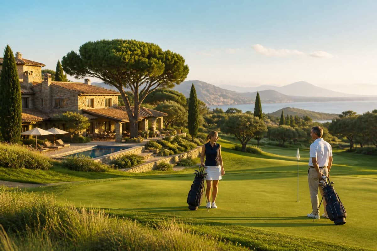 Two adults play golf at a luxurious European resort surrounded by landscaped grounds and scenic hills.