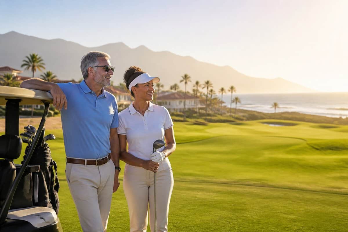 Two adult travelers stand beside a golf course at an adults-only resort surrounded by palm trees and scenic hills.