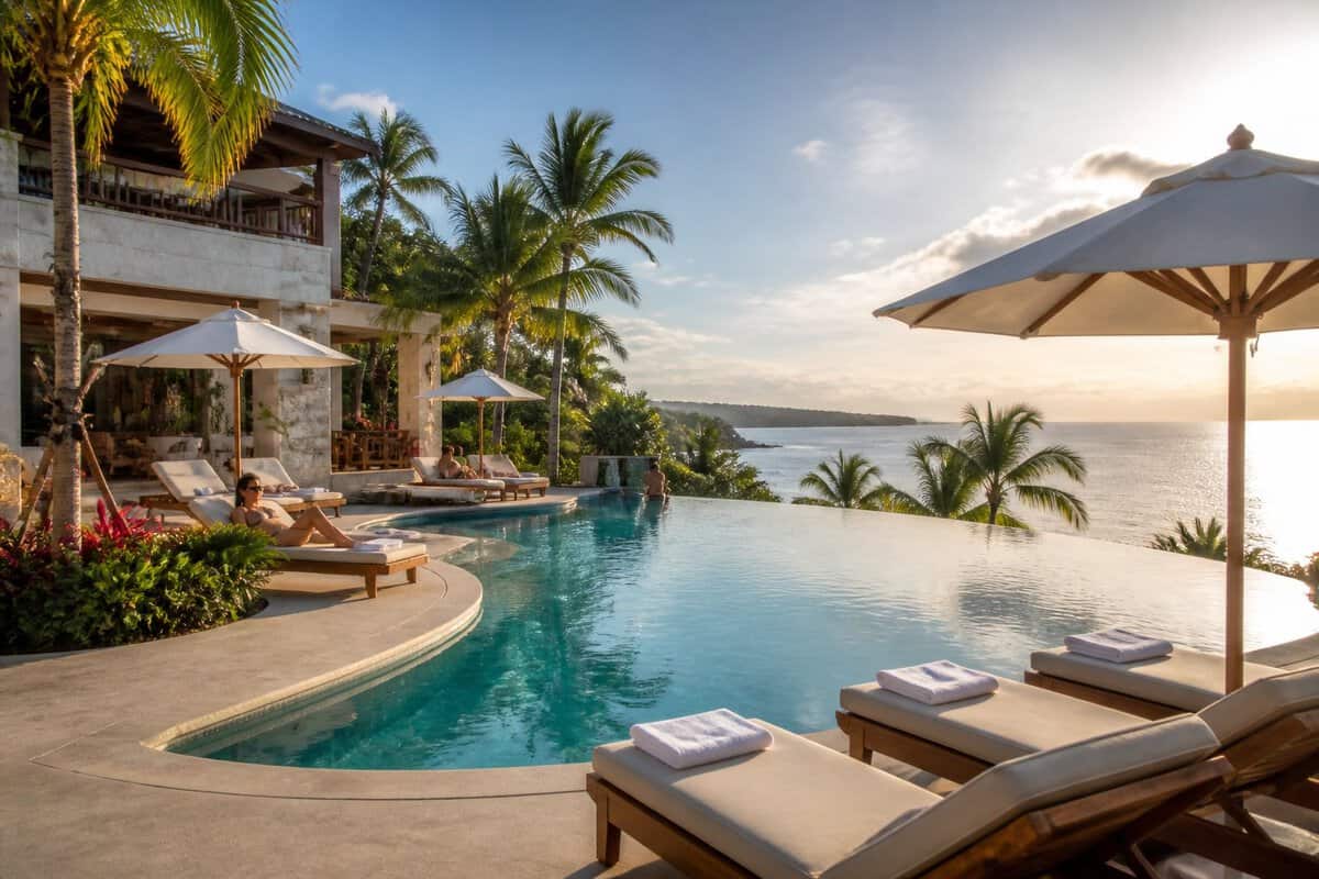 Adults relaxing beside an infinity pool at a tropical oceanfront resort.
