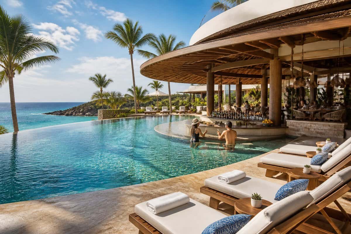 Adults relaxing beside an infinity pool at a tropical resort overlooking the ocean.