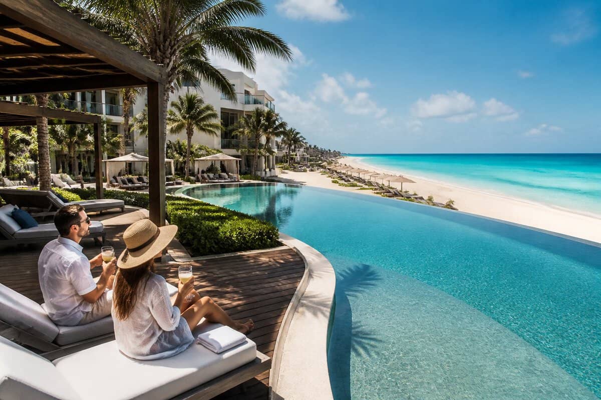 Adults relaxing at a stylish beachfront resort in Cancun beside a turquoise pool and white-sand beach.