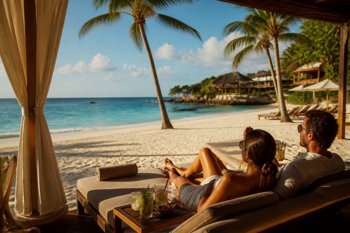 Two adults relax on sunbeds beneath a tropical beach cabana at a quiet luxury resort.