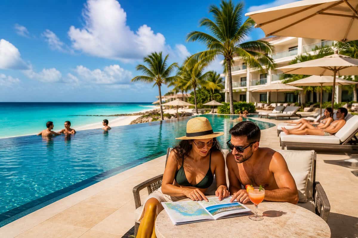Adults relaxing beside an infinity pool at a tropical beachfront resort in Cancun.