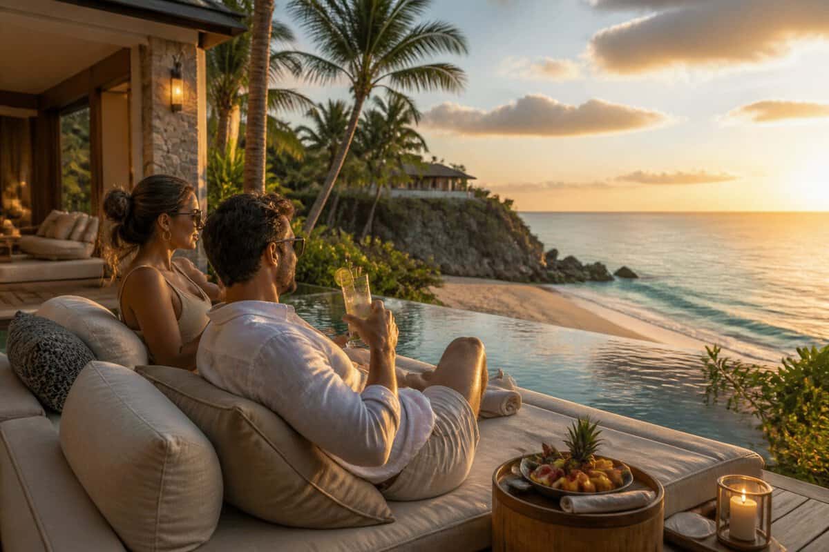 Two adults relax together on a tropical resort terrace overlooking a turquoise beach and infinity pool.