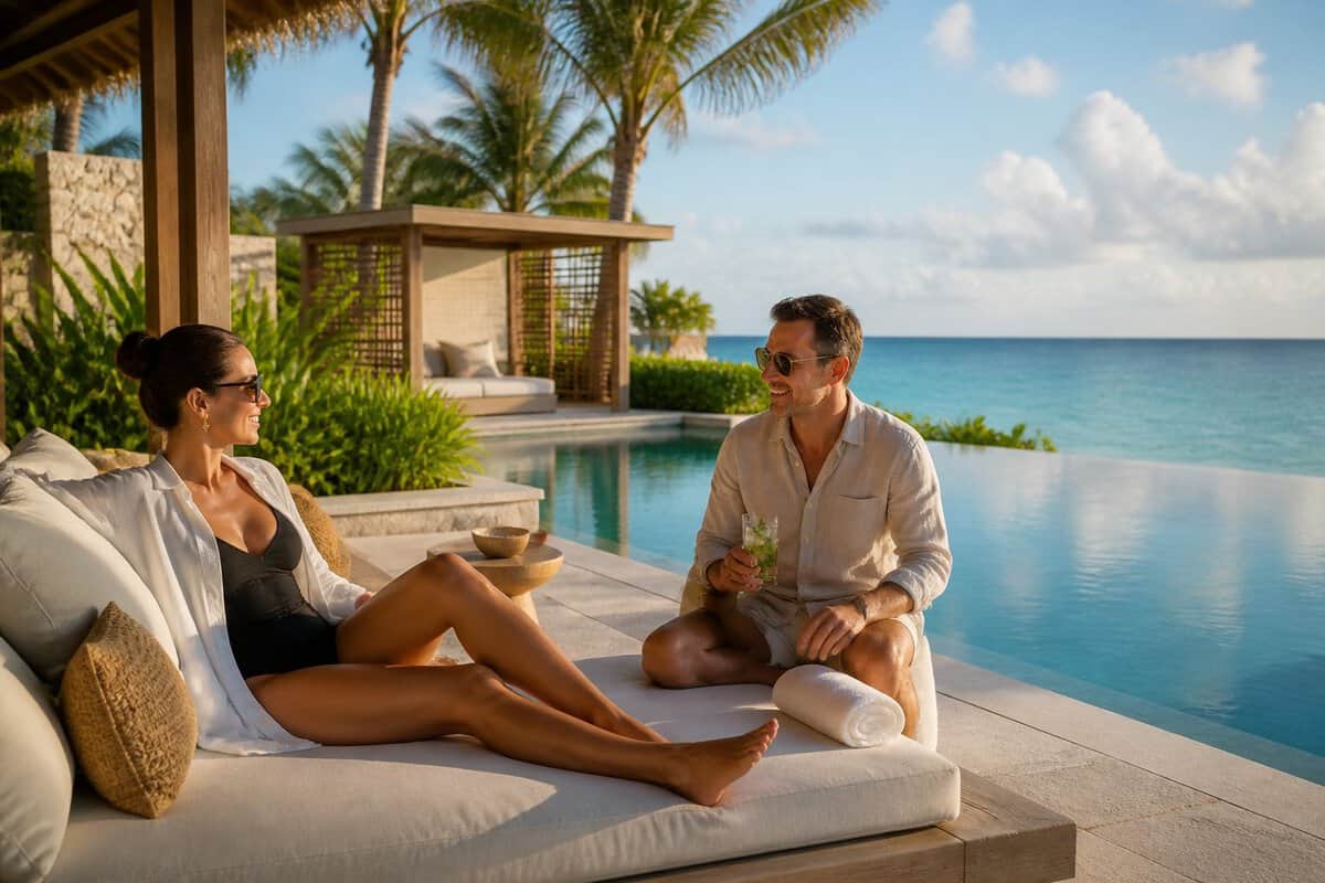 An adult couple relaxes beside an infinity pool at a tropical resort overlooking the sea.