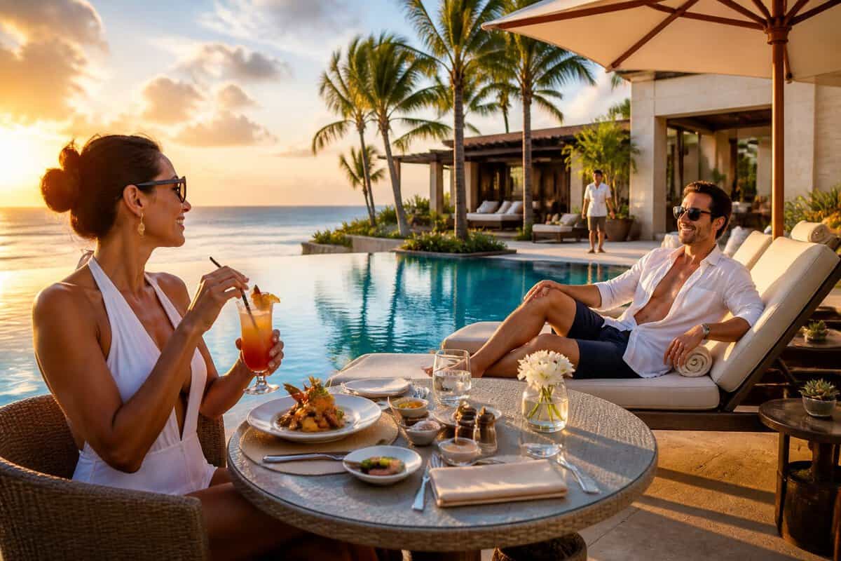 Two adults relax at a luxury all-inclusive Cancun resort beside an infinity pool and tropical beach.