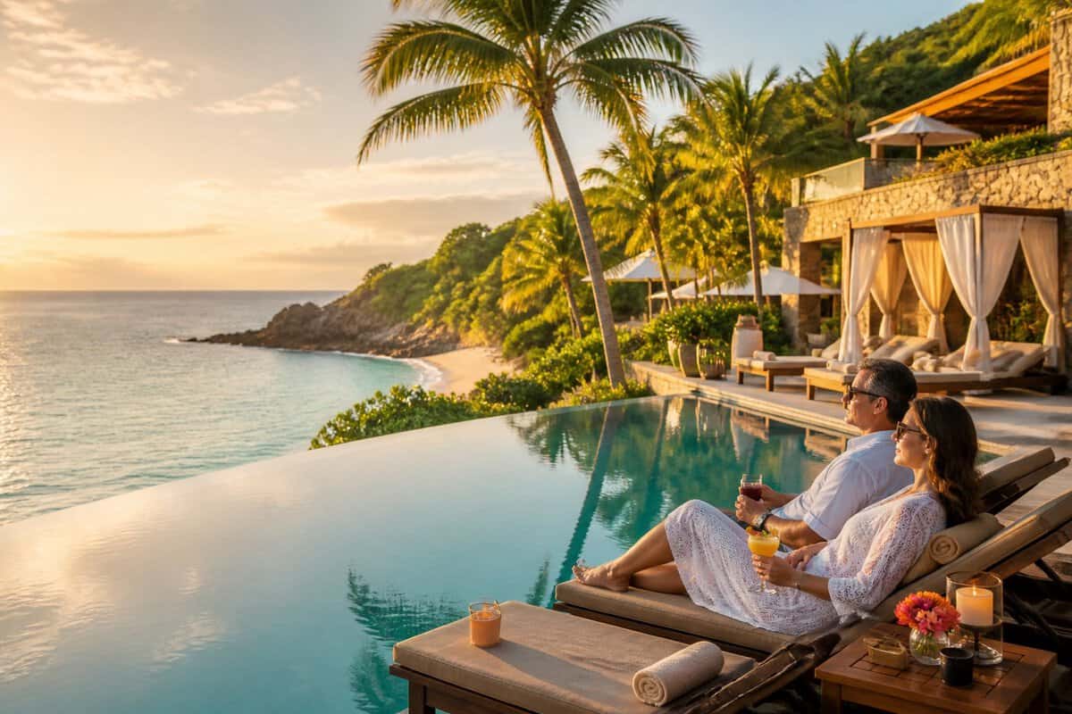Two adults relax beside an infinity pool at a tropical resort overlooking a beach and turquoise ocean.