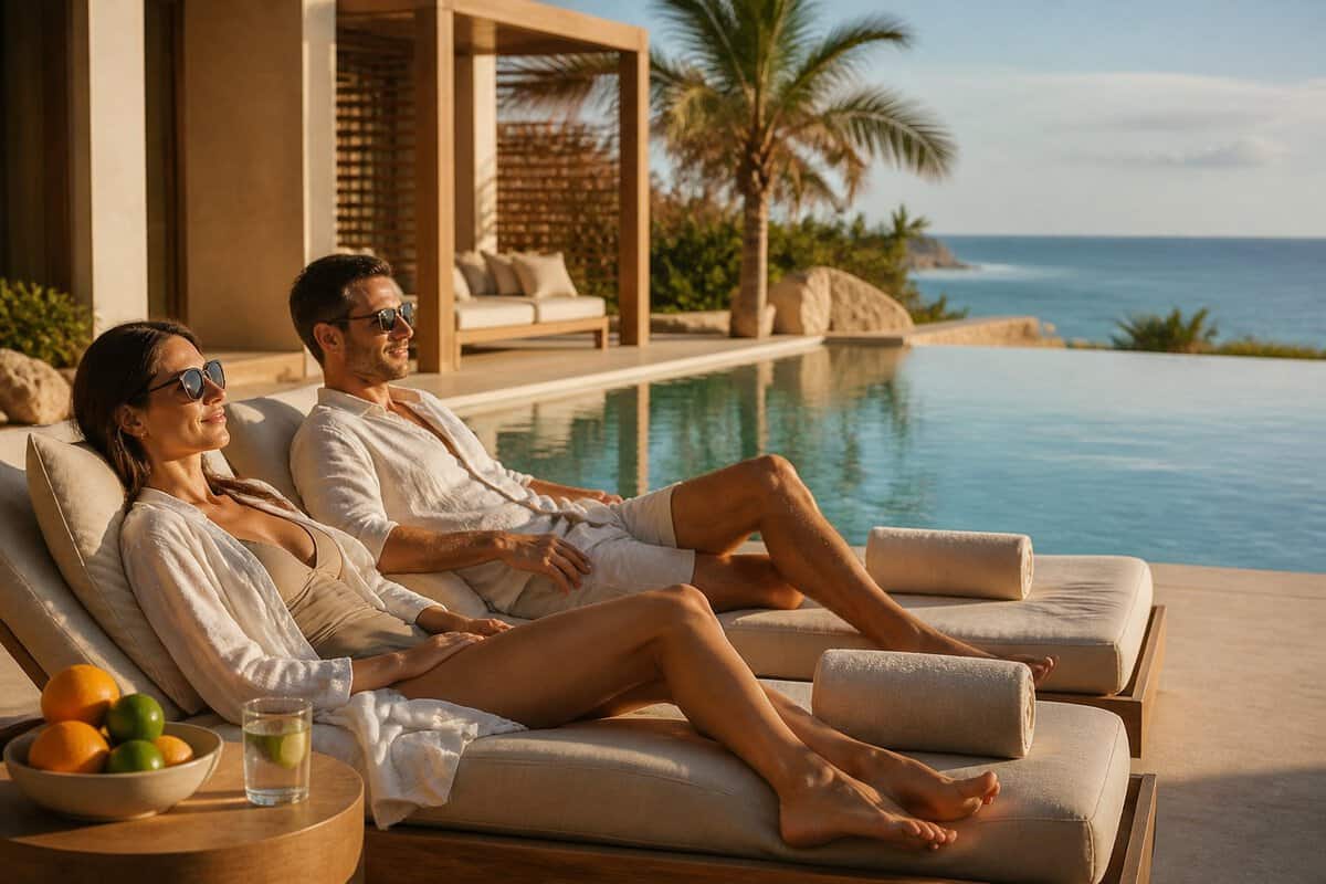 Adults relaxing beside an infinity pool at a peaceful seaside resort.