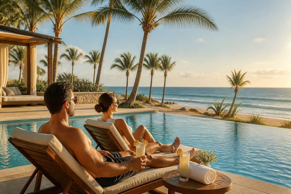 A couple relaxes beside a turquoise pool at an adults-only beachfront resort in Cancun.