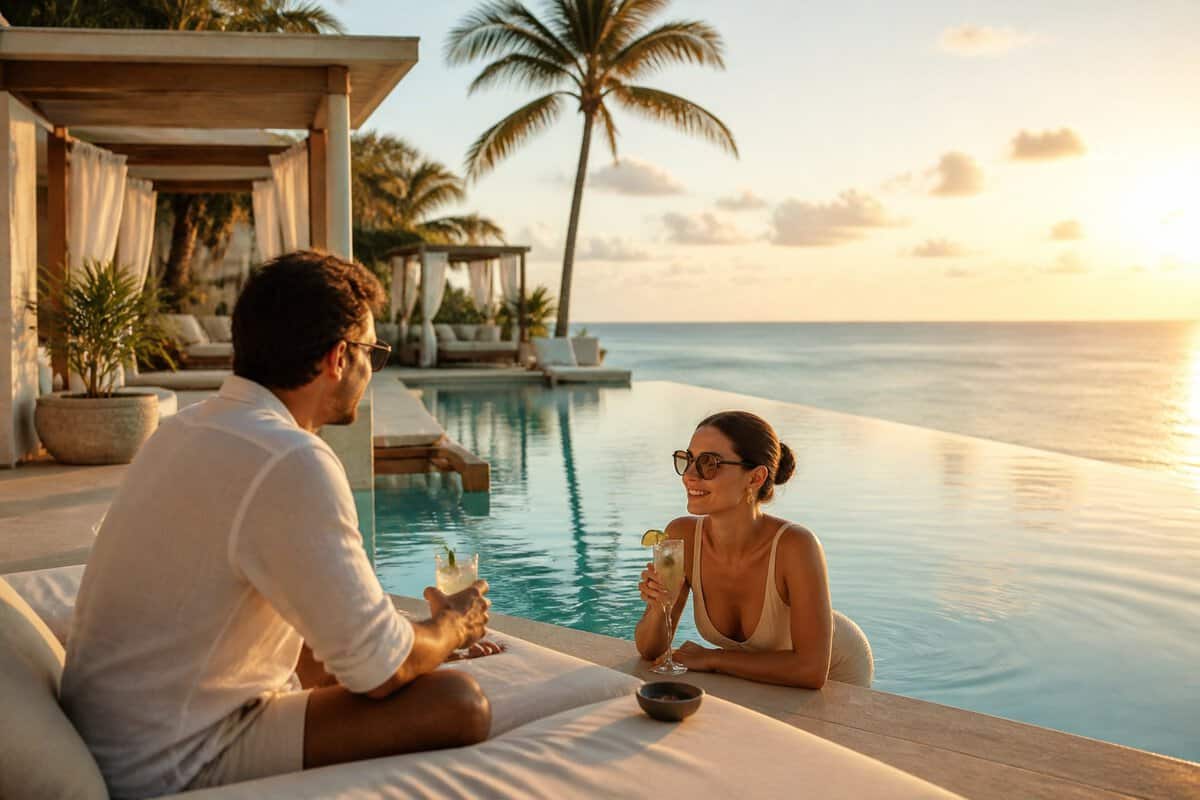 Adults relaxing beside an infinity pool at a tropical oceanfront resort.