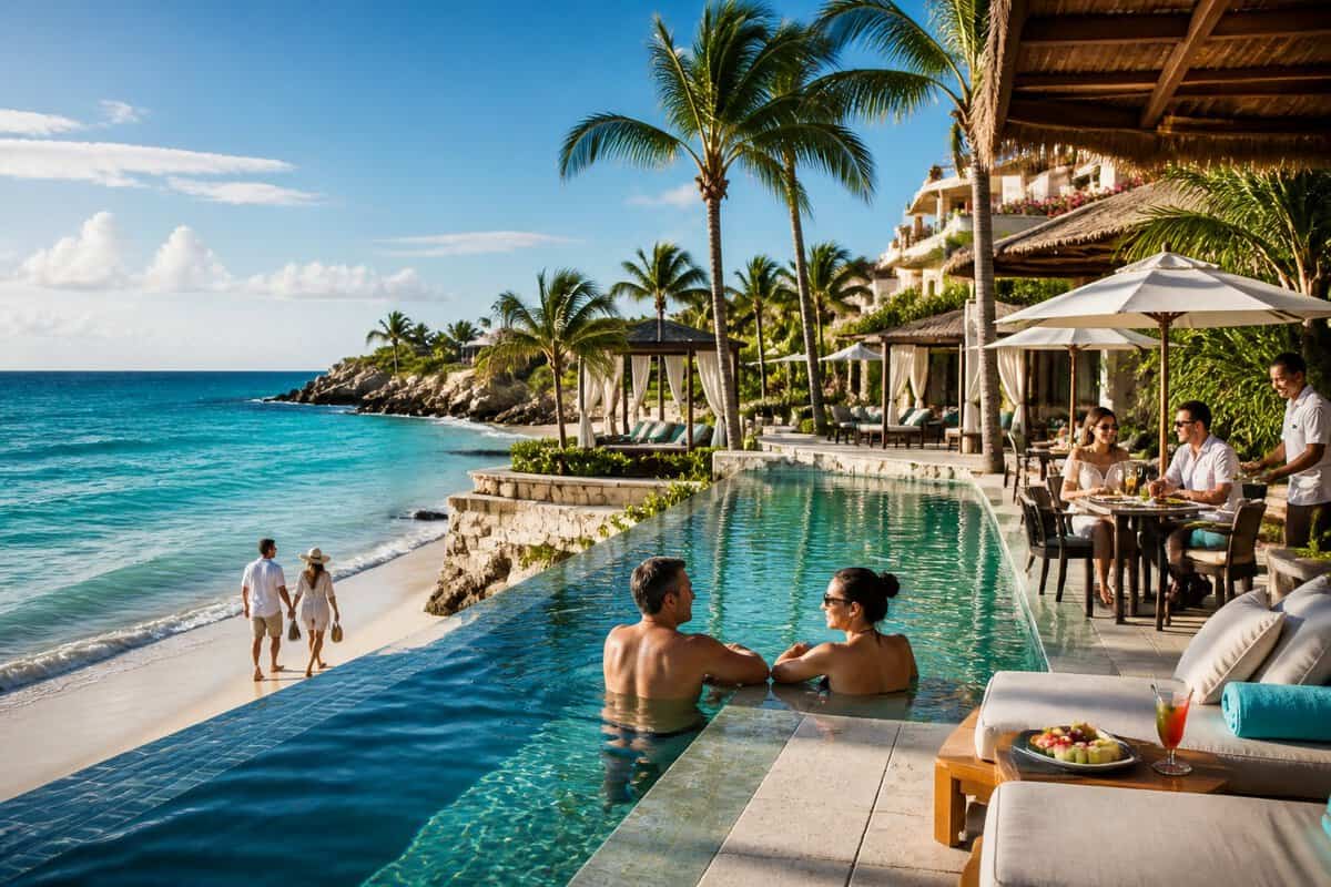 Adults relaxing at a luxury tropical resort beside an infinity pool and turquoise Caribbean waters.