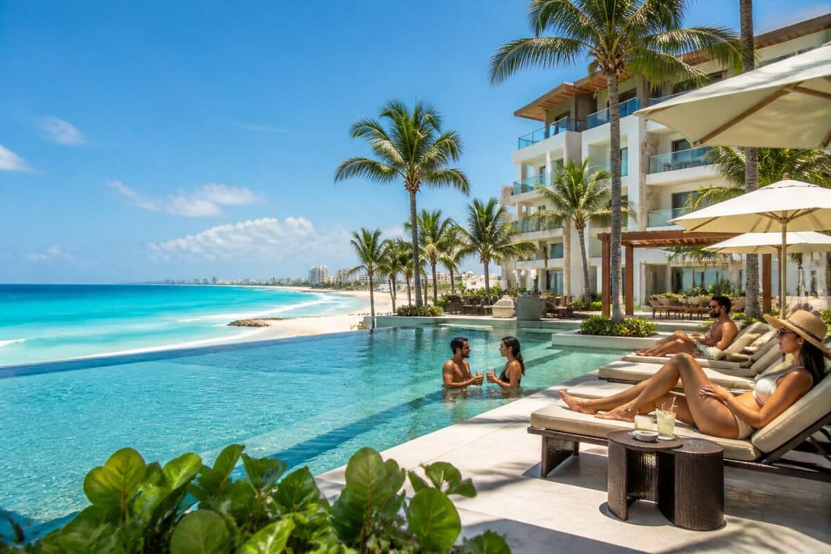 Adults relaxing beside an upscale Cancun resort pool overlooking a tropical beach.