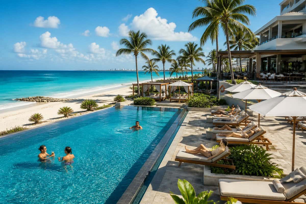 A luxurious adults-only beachfront resort in Cancun with an infinity pool, palm trees, loungers, and turquoise Caribbean water.