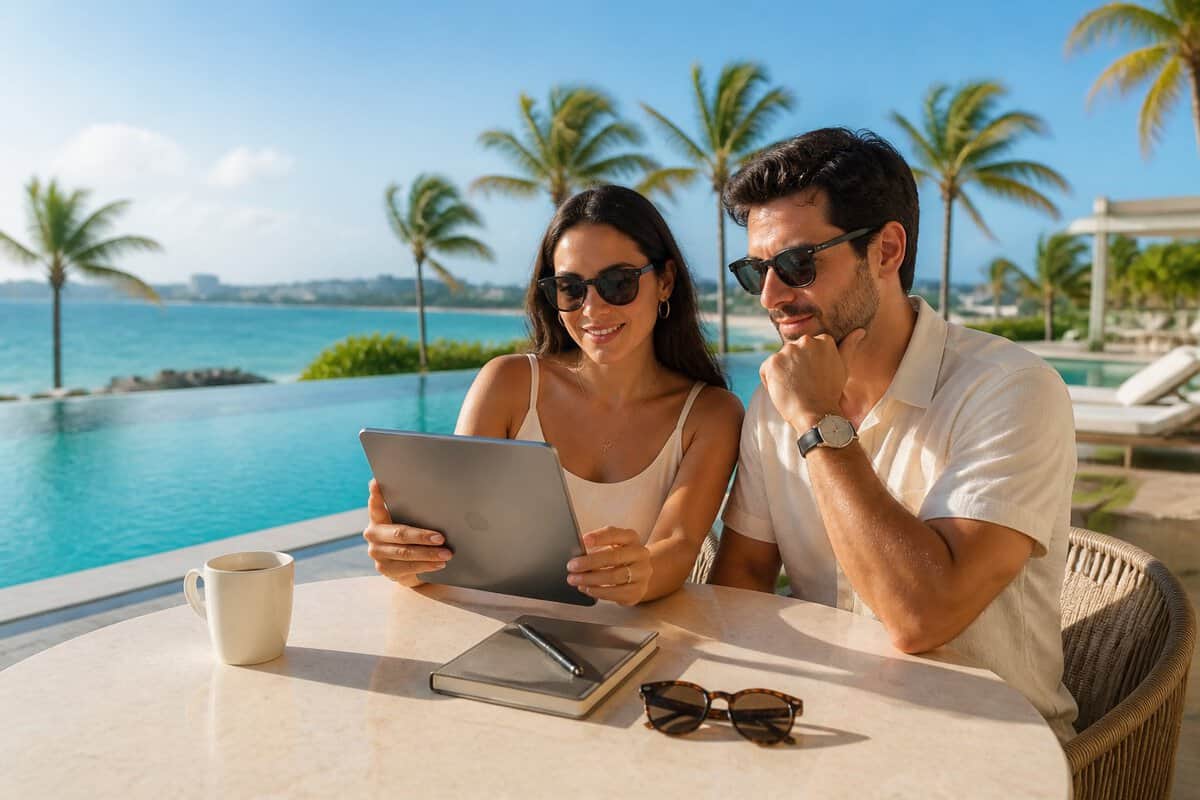 A couple reviews resort options on a tablet beside an infinity pool at a tropical Cancun resort.