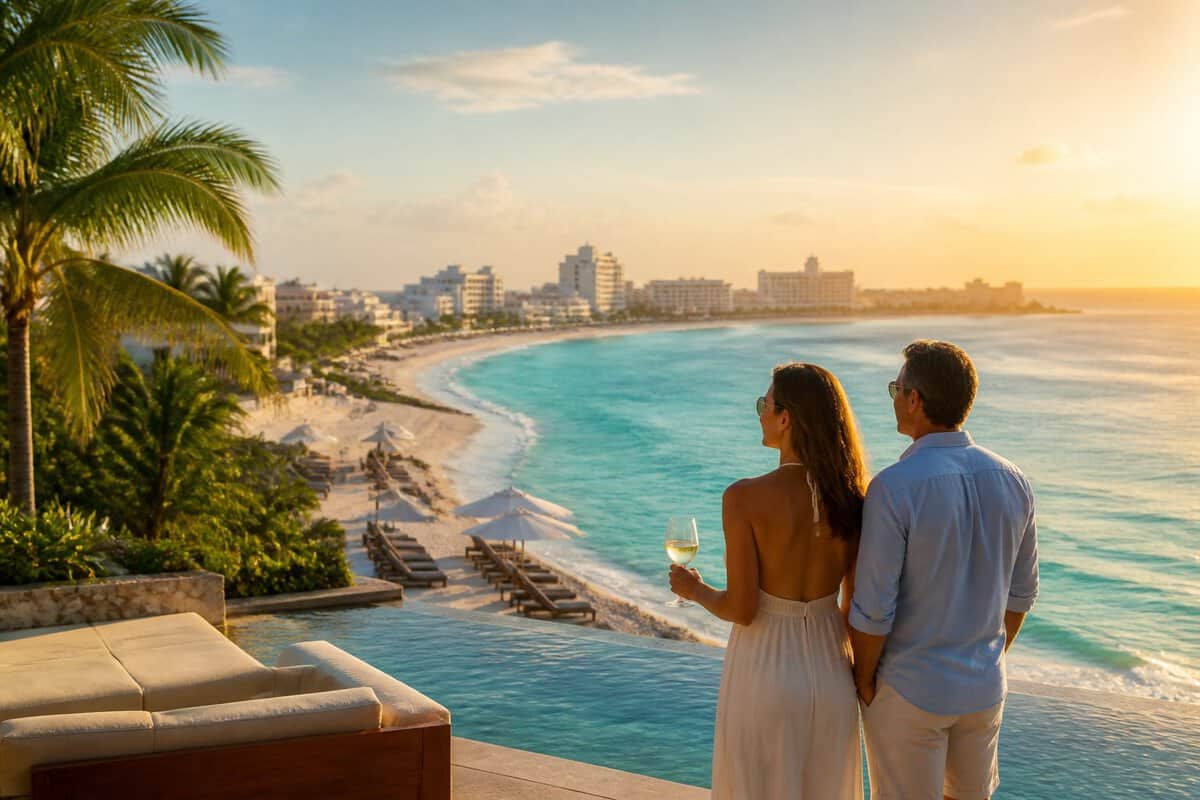 A couple overlooks a turquoise Caribbean beach and upscale Cancun resort areas from a tropical terrace.